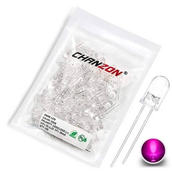 3V 5mm Şeffaf Pembe LED 20cm Kablolu - 1