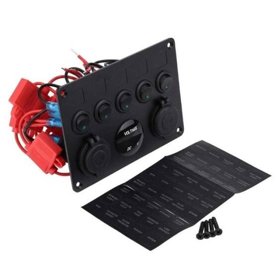 5'li ON-OFF Yeşil Nokta Işıklı Anahtar Switch Panel 2x5V USB Çakmaklık ve Voltaj Göstergeli - 2