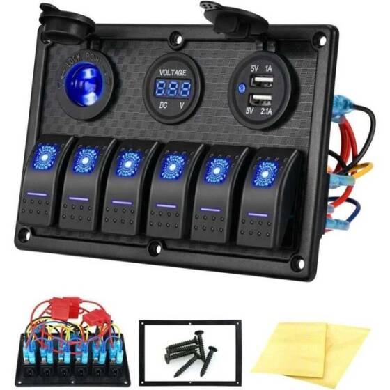 6'lı ON-OFF Işıklı Anahtar Switch Panel 2x5V USB Çakmaklık ve Voltaj Göstergeli - 2