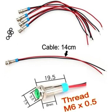 6mm 220V Mavi LED Metal Sinyal Lambası 15cm Kablolu - Metal İndicator Light - 3