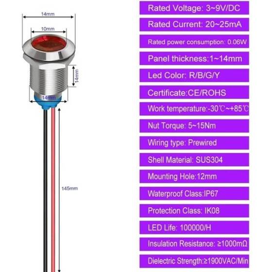 6mm 3-9V Mavi LED Metal Sinyal Lambası 15cm Kablolu - Metal İndicator Light - 5