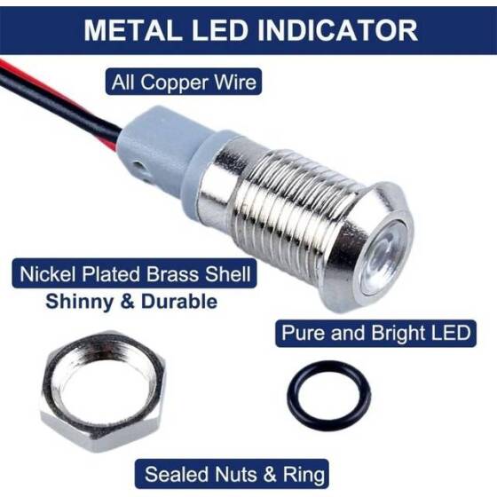 8mm 220V Beyaz LED Metal Sinyal Lambası 15cm Kablolu - Metal İndicator Light - 2
