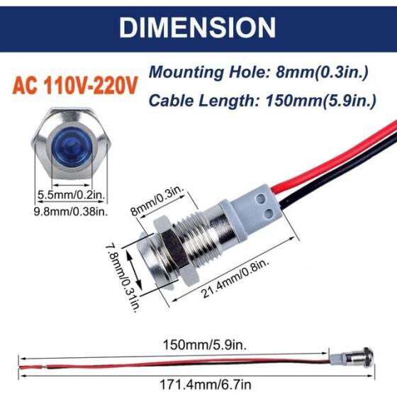 8mm 220V Beyaz LED Metal Sinyal Lambası 15cm Kablolu - Metal İndicator Light - 3