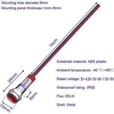 8mm 3-9V Sarı LED Metal Sinyal Lambası 15cm Kablolu - Metal İndicator Light - 4