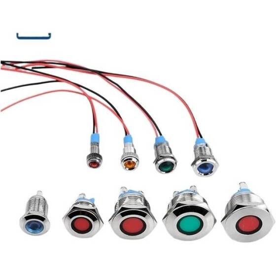 AD22C-14 14mm 12V Kırmızı LED Metal Sinyal Lambası - Metal İndicator Light - 1