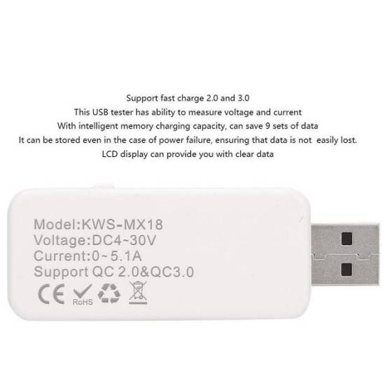 Beyaz KWS-MX19 USB Test Cihazı DC4V-30V 0-5A Akım Gerilim Ölçer Zamanlama Ampermetre - 4