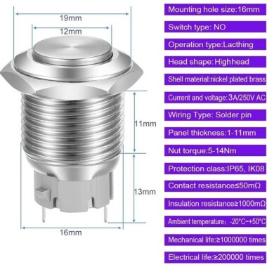 Çıkık Kafa 16mm Su Geçirmez Kendinden Kilitli Metal Push Buton Işıksız - 3