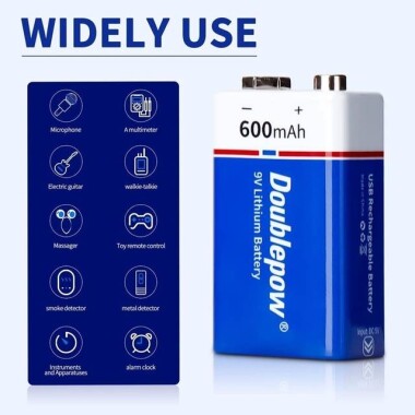 Doublepow 9V 650MAH Usb 6F22 Şarj Edilebilir Lityum Pil-Usb Kablosu Hariç - 5