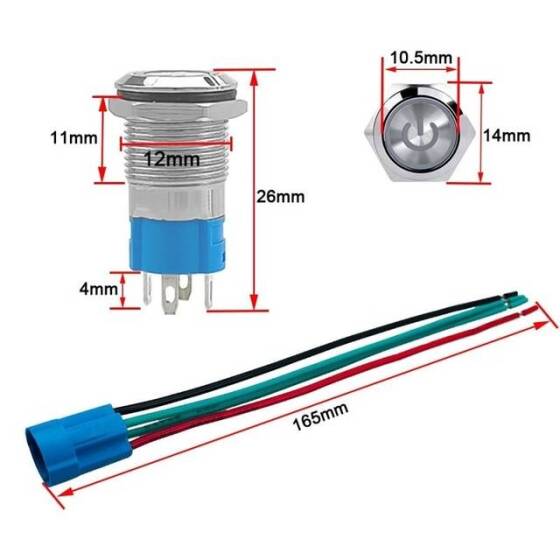 Düz Kafa 12mm 12-24V Su Geçirmez Kendinden Kilitli Metal Push Buton Sarı Ledli Soket Dahil - 2