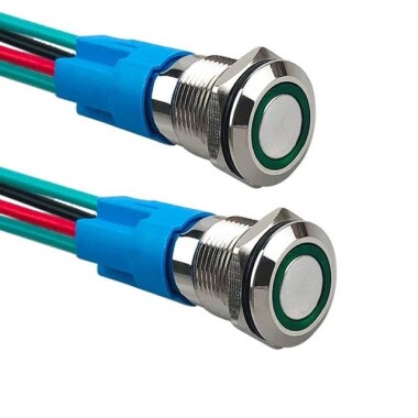 Düz Kafa 12mm 12-24V Su Geçirmez Kendinden Kilitli Metal Push Buton Yeşil Ledli Soket Dahil - 1