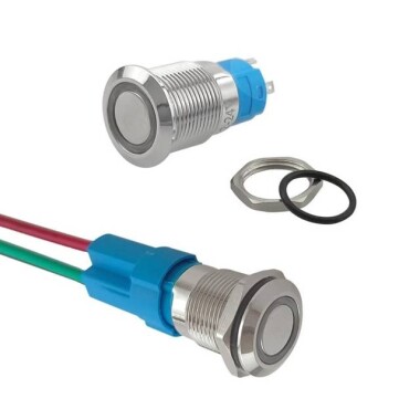 Düz Kafa 12mm 12-24V Su Geçirmez Kendinden Kilitli Metal Push Buton Yeşil Ledli Soket Dahil - 3