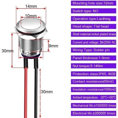Düz Kafa 12mm Su Geçirmez Kendinden Kilitli Metal Push Buton Işıksız - 5