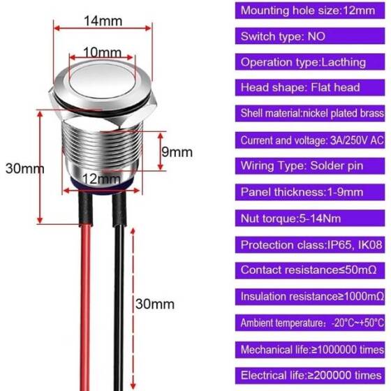 Düz Kafa 12mm Su Geçirmez Kendinden Kilitli Metal Push Buton Işıksız - 5