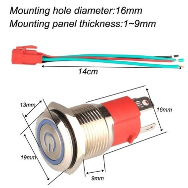 Düz Kafa 16mm 12-24V Kırmızı Ledlilı Su Geçirmez Kendinden Kilitli Metal Push Buton - 3