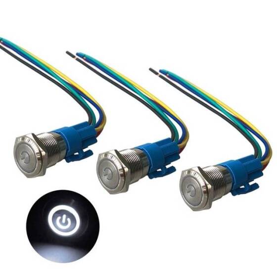 Düz Kafa 16mm 12-24V Su Geçirmez Kendinden Kilitli Metal Push Buton Beyaz Ledli - 1