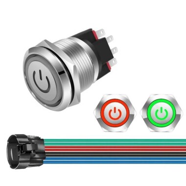 Düz Kafa 16mm 12-24V Su Geçirmez Kendinden Kilitli Metal Push Buton Kırmızı Ledli Soket Dahil - 1
