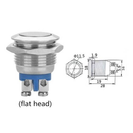 Düz Kafa 16mm 3-6V 5A Su Geçirmez Kendinden Kilitli Metal Push Buton Mavi Ledli - 2