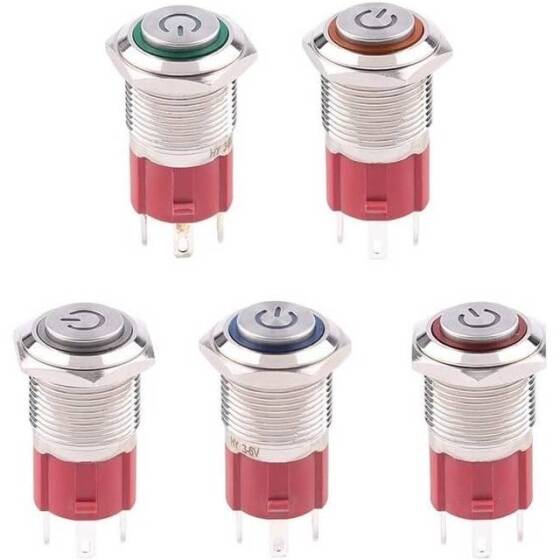 Düz Kafa 16mm 3-6V Su Geçirmez Kendinden Kilitli Metal Push Buton Kırmızı Ledli - 5
