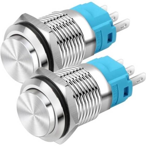 Düz Kafa 16mm 3-6V Su Geçirmez Kendinden Kilitli Metal Push Buton Mavi Ledli Soket Dahil - 1