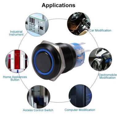 Düz Kafa 19mm 12-24V Su Geçirmez Kendinden Kilitli Metal Push Buton Mavi Ledli - 4