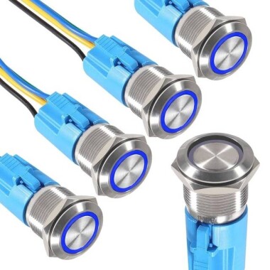 Düz Kafa 19mm 12-24V Su Geçirmez Kendinden Kilitli Metal Push Buton Mavi Ledli Soket Dahil - 1