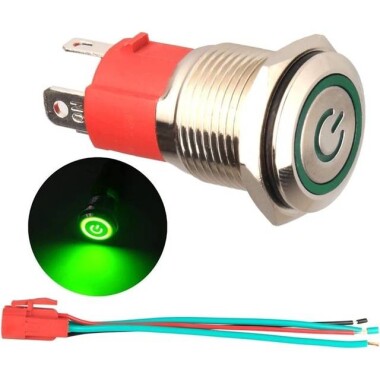 Düz Kafa 19mm 12-24V Su Geçirmez Kendinden Kilitli Metal Push Buton Yeşil ledli - 2