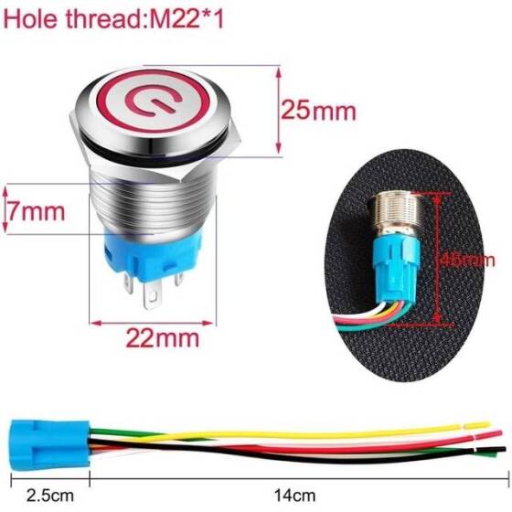 Düz Kafa 22mm 110-220V Su Geçirmez Kendinden Kilitli Metal Push Buton Kırmızı Ledli Soket Dahil - 2