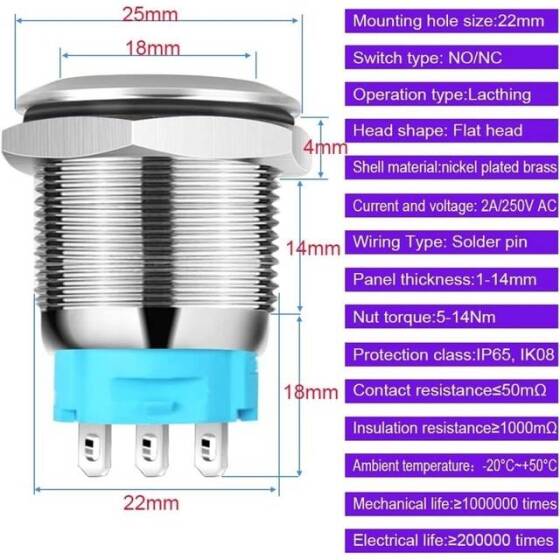 Düz Kafa 22mm 110-220V Su Geçirmez Kendinden Kilitli Metal Push Buton Mavi Ledli Soket Dahil - 2