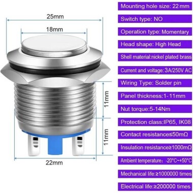 Düz Kafa 22mm 3-6V Su Geçirmez Anlık Kendinden Sıfırlamalı Metal Push Buton Mavi Ledli - 3