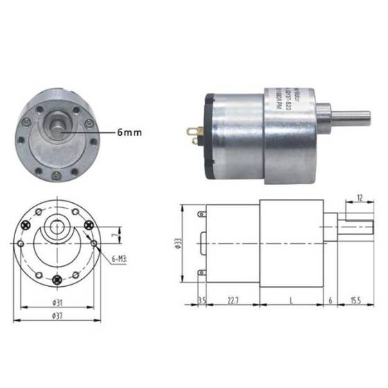 JGB37-520 DC 6V 200RPM Minyatür İleri ve Geri Fırçalı DC Hız Düşürücü Motor - 4