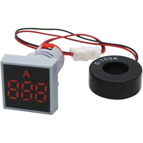 Kırmızı 0-100A 22mm AD16-22FSA Kare Kapaklı Trafolu LED Ampermetre - 2