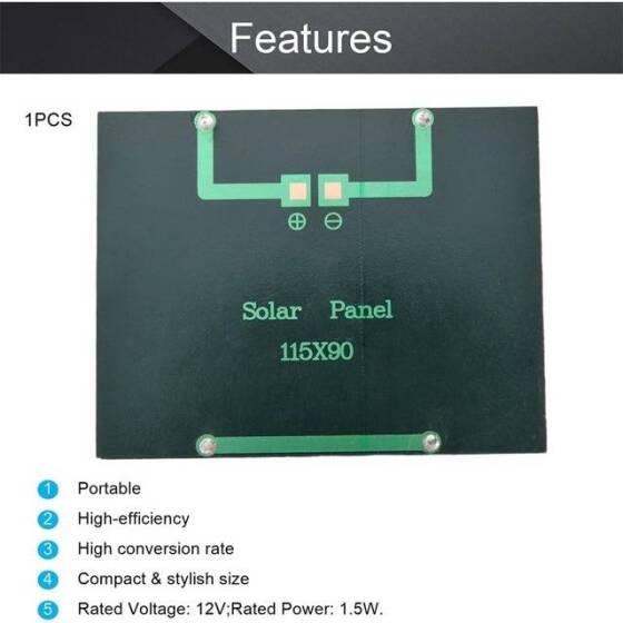 Krokodil Kablolu 5V 2.5W Güneş Paneli - Solar Panel - Güneş Pili 130x150mm - 3