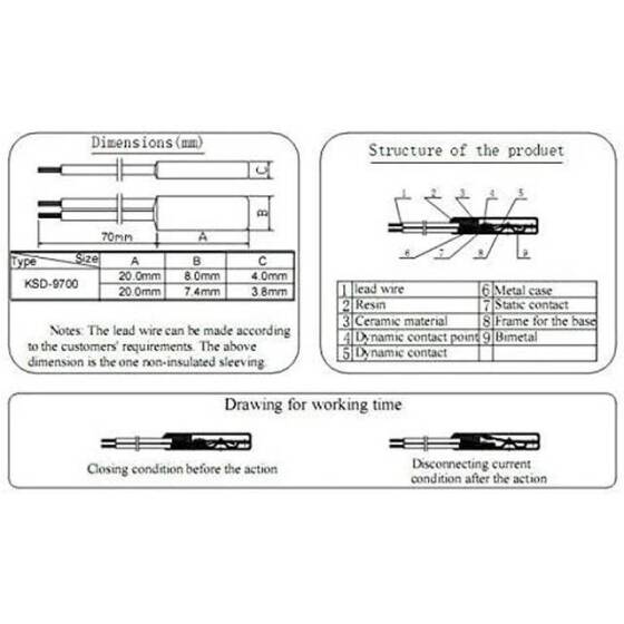 KSD9700/BK05 - BB1D 10A 250V Metal Termostat - 40 Derece Normalde Kapalı - 3
