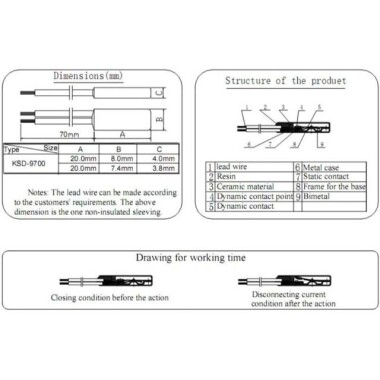 KSD9700/BK05 - BB1D 5A 250V Metal Termostat - 50 Derece Normalde Kapalı - 3