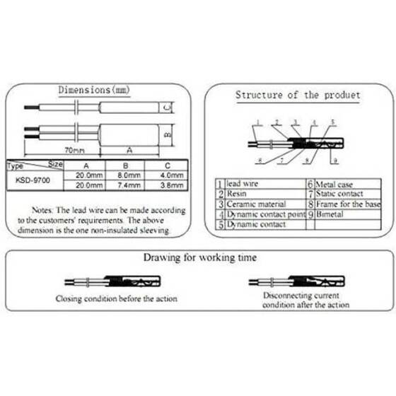 KSD9700/BK05 - BB1D 5A 250V Plastik Termostat - 60 Derece Normalde Açık - 2