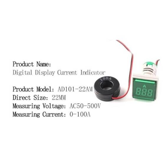 Mavi 0-100A 22mm AD16-22FSA Kare Kapaklı Trafolu LED Ampermetre - 4