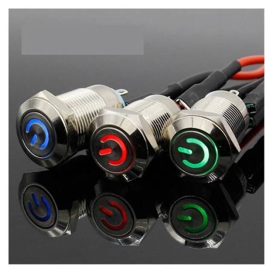 Mavi Ledli 12mm 12-24V Su Geçirmez Kendinden Kilitli Metal Push Buton - 1