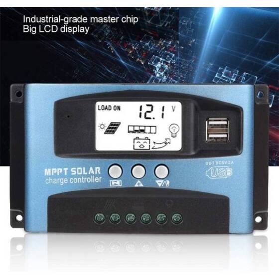 MPPT 100A 12V/24V/36V/48V/60V Solar Şarj Regülatörü - Çift USB - LCD Ekran - Otomatik Solar Hücre Şarj Cihazı - Alüminyum Plakalı Şarjlı Regülatör - 2