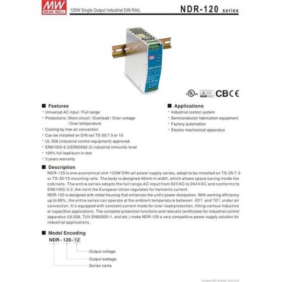 Orijinal Tayvan MEAN WELL NDR-120-12 Raylı Güç Kaynağı - 2