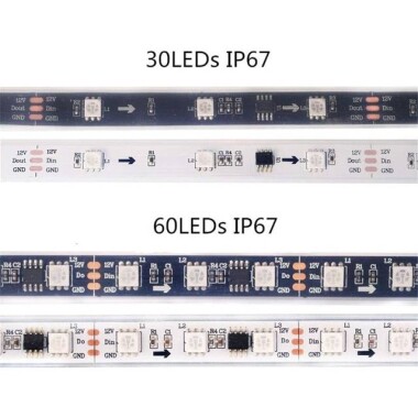 Plastik Kapaklı 12V WS2811 RGB5050 Siyah SMD LED Şerit 144 LED/Metre Esnek 5 Metrelik Makara IP67 - 4