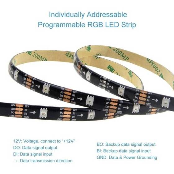 Plastik Kapaklı 12V WS2815 RGB5050 Siyah SMD LED Şerit 60 LED/Metre Esnek 5 Metrelik Makara IP67 - 4