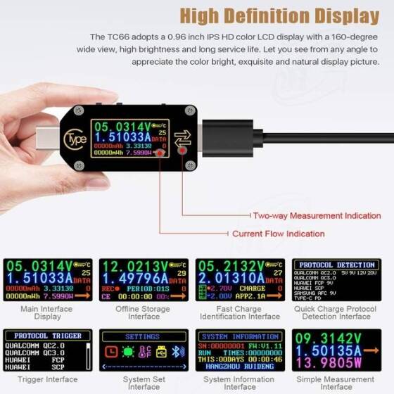 RD TC66 Type-C PD TTrigger USB-C Voltmetre Ampermetre Gerilim 2 Yollu Akım Ölçer Multimetre PD Şarj Aleti Pil USB Test Cihazı USB İletişim + PD Switch - 6