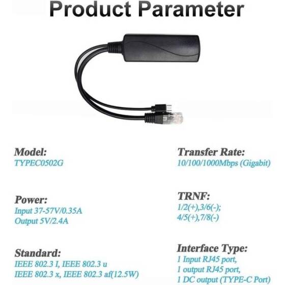 SDAPO TYPEC0502 Tip C 100M PoE Ayırıcı 48V - 5V 2.4A - 4