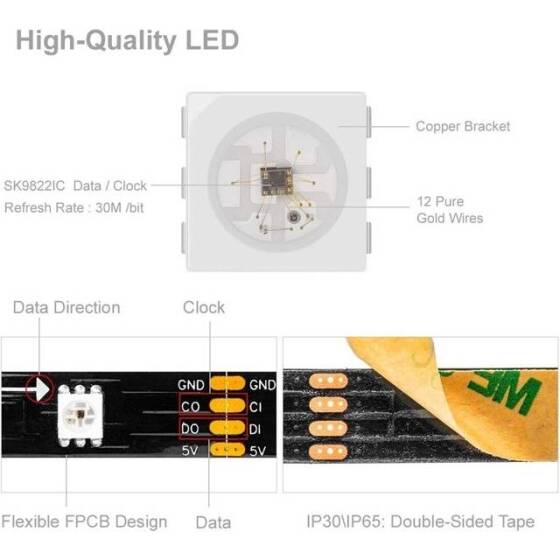 Su Geçirmez 5V SK9822 APA102C RGB5050 Siyah SMD LED Şerit 30 LED/Metre Esnek 5 Metrelik Makara IP30 - 3
