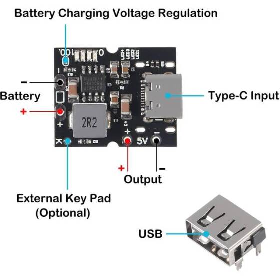 Type-C USB 5V 2A Boost Dönüştürücü Step-Up Güç Modülü Lityum Pil Şarj Koruma Kartı - 2