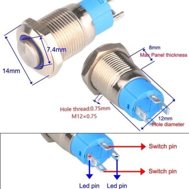 Ultra Kısa Düz Kafa 12mm 12-24V Su Geçirmez Anlık Kendinden Sıfırlamalı Ultra İnce Dokunmatik Metal Push buton Kırmızı Ledli - 4