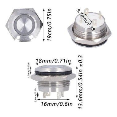 Ultra Kısa Düz Kafa 16mm 3-6V Su Geçirmez Anlık Kendinden Sıfırlamalı Ultra İnce Dokunmatik Metal Push buton Mavi Ledli - 2