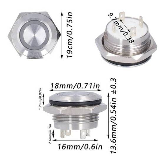 Ultra Kısa Düz Kafa 16mm 3-6V Su Geçirmez Anlık Kendinden Sıfırlamalı Ultra İnce Dokunmatik Metal Push buton Mavi Ledli - 2
