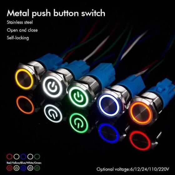 Ultra Kısa Düz Kafa 19mm 12-24V Su Geçirmez Anlık Kendinden Sıfırlamalı Ultra İnce Dokunmatik Metal Push buton Sarı Ledli - 2