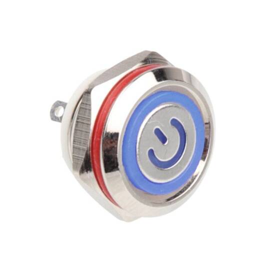 WD12C1 Pin-P1-EC 12mm Düz Yaylı Işıklı Metal Buton - Mavi - 1